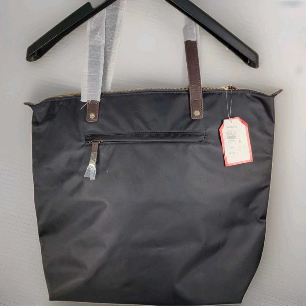 Vintage Talbots Black Large Tote Bag Zip Top Gold Hardware  Brown Strap NWT
